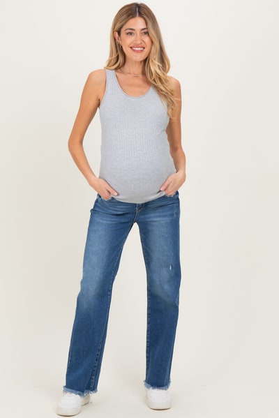 PinkBlush Navy Distressed Fringe Hem Wide Leg Maternity Jeans