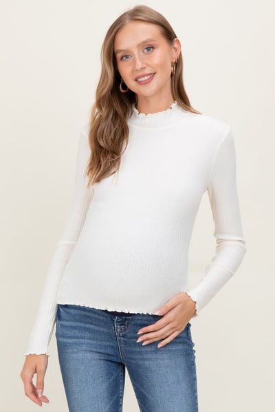 PinkBlush Ivory Lettuce Edge Mock Neck Long Sleeve Rib Maternity Top