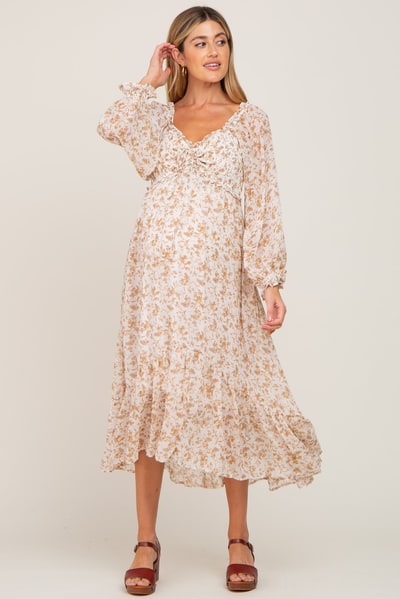 PinkBlush Ivory Floral Chiffon Ruffle Maternity Maxi Dress