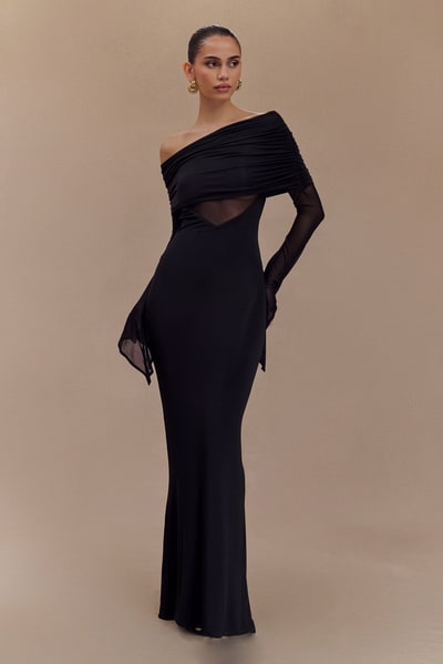 MESHKI Kaitlin One Shoulder Slinky And Mesh Maxi Dress