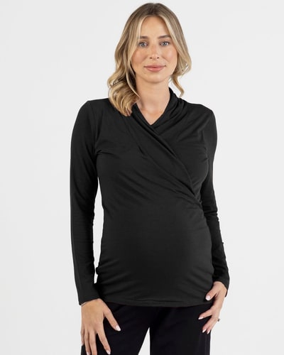 Angel Maternity Maternity V-Neck Crossover Bamboo Long Sleeve Top in Black