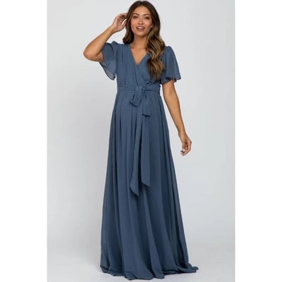 Target PinkBlush Blue Chiffon Short Sleeve Maternity Maxi Dress Blue Small