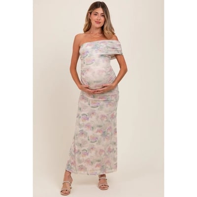 Target Pinkblush Cream One Shoulder Ruched Maternity Maxi Dress Large