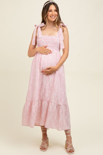 PinkBlush Pink Floral Smocked Shoulder Tie Maternity Midi Dress