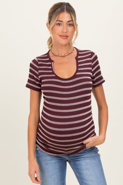 PinkBlush Burgundy Stripe Short Sleeve Round Neck Maternity Top
