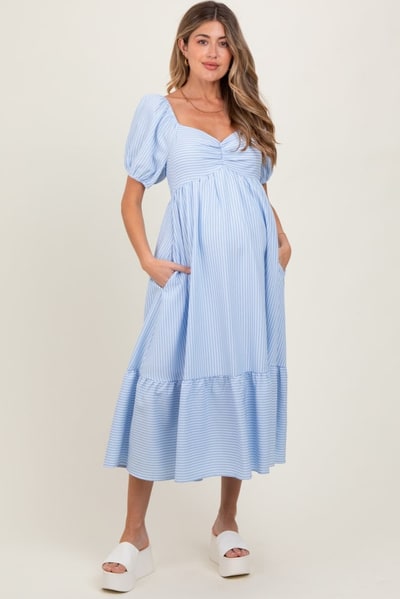 PinkBlush Light Blue Sweetheart Stripe Smocked Back Maternity Midi Dress