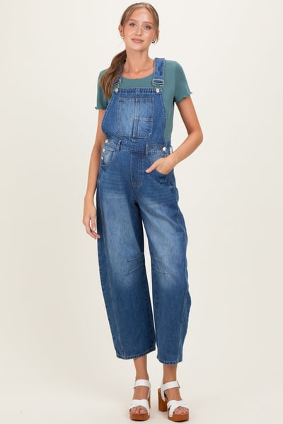 PinkBlush Medium Wash Denim Barrel Maternity Overalls