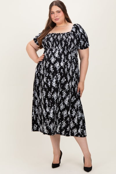 PinkBlush Black Floral Smocked Sweetheart Neckline Maternity Plus Midi Dress