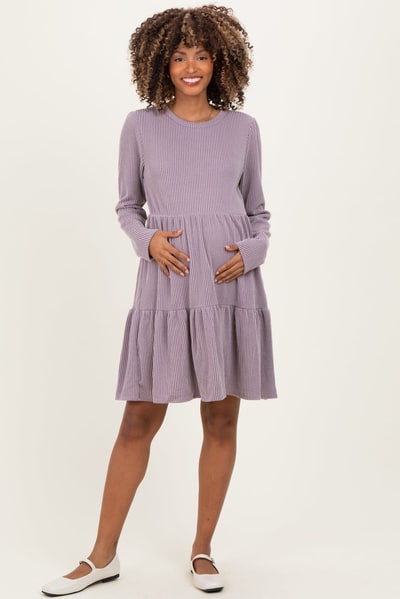 PinkBlush Lavender Textured Rib Tiered Long Sleeve Maternity Dress