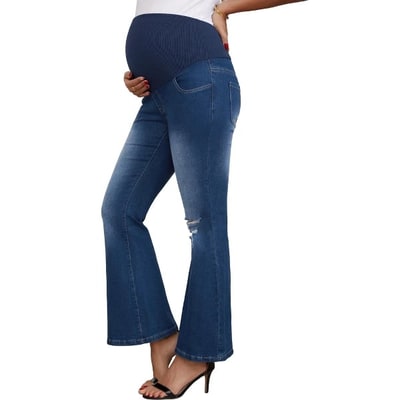 Target INSPIRE CHIC Women's Maternity Jeans Bootcut Leg Ripped High Stretchy Over the Belly Pregnant Flare Denim Pants Casual Large Deep Blue