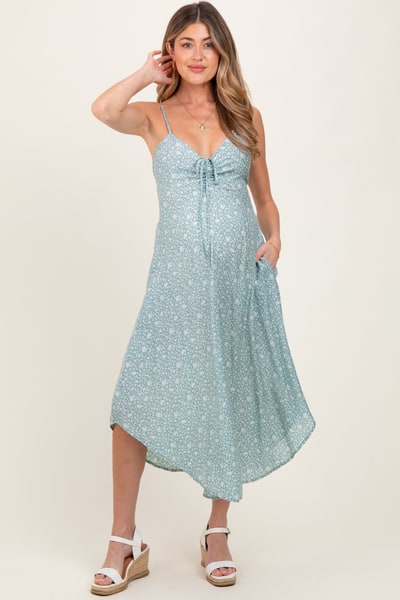 PinkBlush Mint Floral Cinched Front Tie Maternity Midi Dress