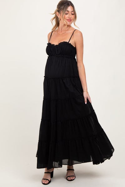PinkBlush Black Shirred Bust Ruffle Tiered Maternity Maxi Dress