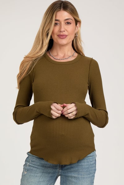PinkBlush Olive Ribbed Maternity Long Sleeve Top