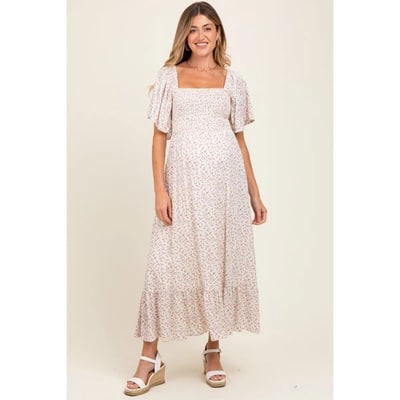 Target PinkBlush Cream Multi Ditsy Floral Smocked Maternity Midi Dress Cream Small