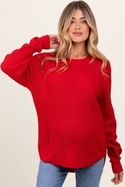 PinkBlush Red Waffle Knit Rounded Hem Maternity Sweater