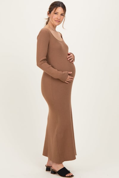 PinkBlush Mocha Rib Knit Back Cutout Maternity Midi Dress