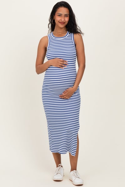 PinkBlush Blue Striped Side Slit Maternity Tank Dress