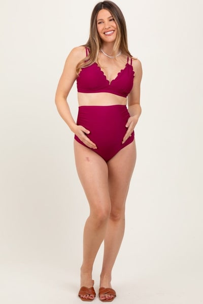 PinkBlush Magenta Scalloped V-Neck High Waist Two-Piece Maternity Swimsuit