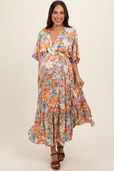 PinkBlush Peach Floral Dolman Sleeve Tiered Maternity Dress