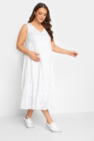 Yours Clothing BUMP IT UP MATERNITY White Broderie Anglaise Tiered Midi Dress