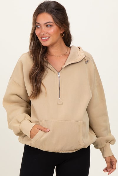 PinkBlush Light Taupe Fleece Half Zip Drop Shoulder Maternity Hoodie