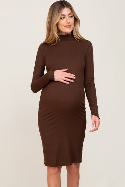 PinkBlush Brown Ribbed Mock Neck Lettuce Trim Maternity Midi Dress