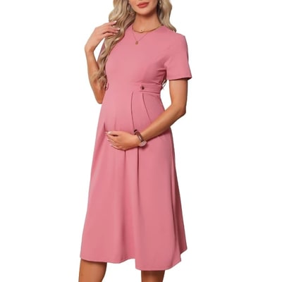 Target INSPIRE CHIC Women's Maternity Dress A Line Crewneck Short Sleeve Stretchy Summer Office Work Midi Pregnancy Dresses X-Large Pink