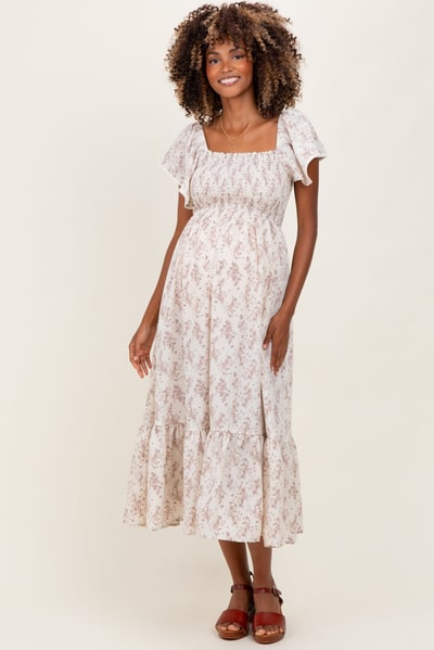 PinkBlush Cream Floral Smocked Lace Trim Flutter Sleeve Maternity Midi Dress