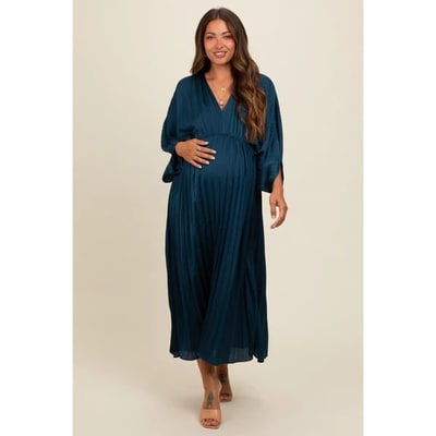 Target Pinkblush Teal Satin Pleated V-Neck Maternity Maxi Dress Small
