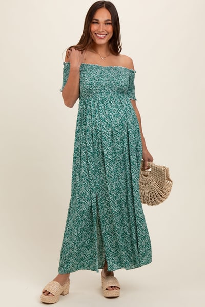 PinkBlush Green Floral Smocked Fitted Sleeve Side Slit Maternity Maxi Dress