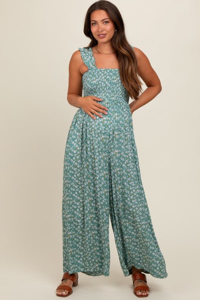 PinkBlush Teal Floral Flowy Maternity Jumpsuit