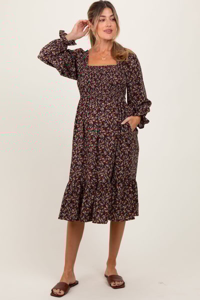 PinkBlush Black Floral Smocked Velvet Back Tie Maternity Midi Dress