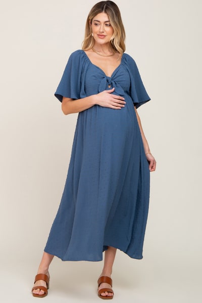 PinkBlush Navy Blue Textured Dot Front Tie Ruffle Sleeve Maternity Midi Dress
