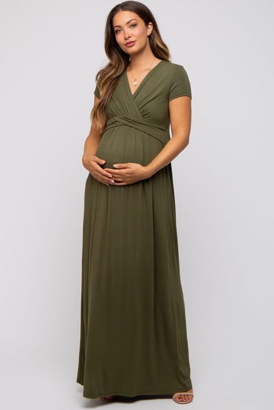 PinkBlush PinkBlush Olive Draped Maternity/Nursing Maxi Dress