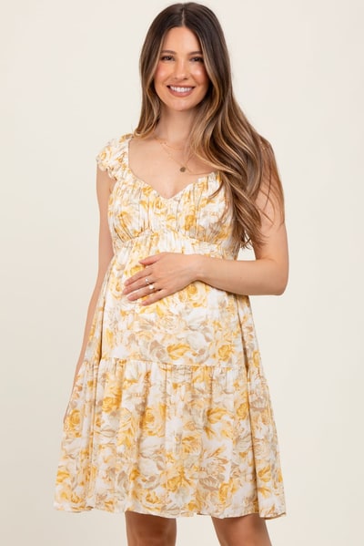 PinkBlush Yellow Floral Ruffle Sleeve Tiered Maternity Mini Dress