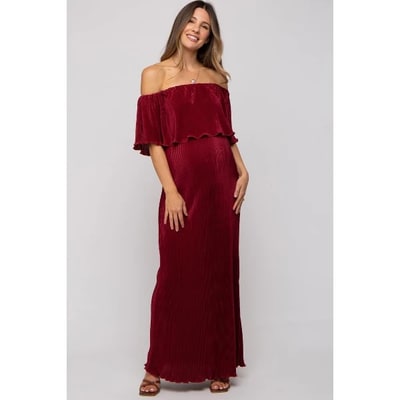 Target Pinkblush Burgundy Pleated Ruffle Off Shoulder Maternity Maxi Dress Small