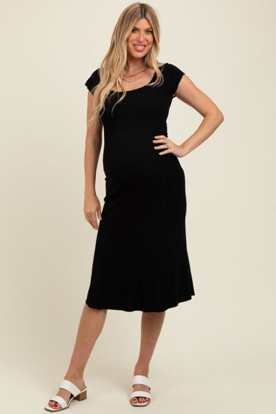 PinkBlush Black/Ivory Short Cap Sleeve Tie Back Sweater Maternity Midi Dress