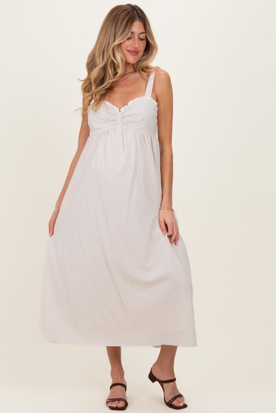 PinkBlush Taupe Ruffle Trim Sweetheart Neckline Maternity Midi Dress