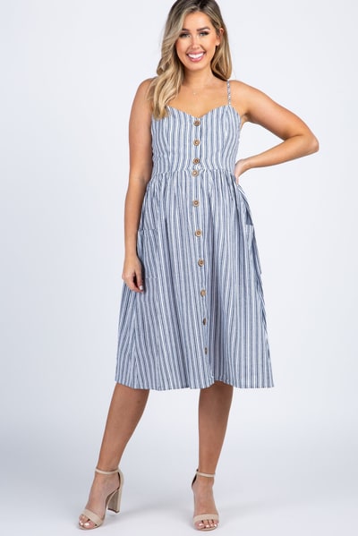 PinkBlush Navy Striped Sweetheart Button Front Maternity Dress