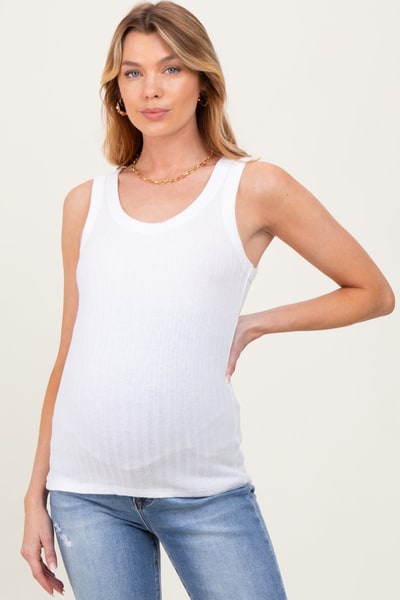 PinkBlush Ivory Melange Ribbed Fitted Maternity Tank Top
