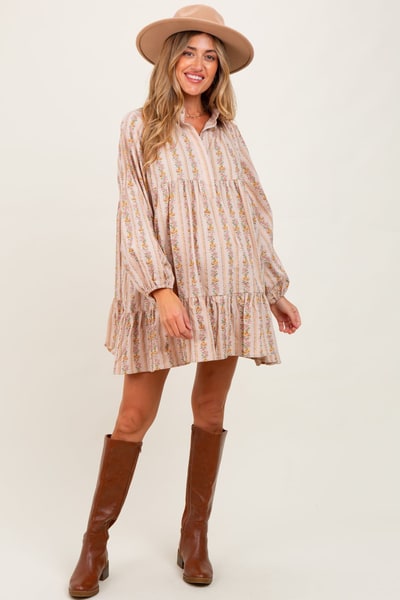 PinkBlush Tan Floral Print Shirring Half Buttoned Maternity Shirt Dress