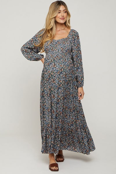 PinkBlush Navy Floral Long Sleeve Maternity Maxi Dress