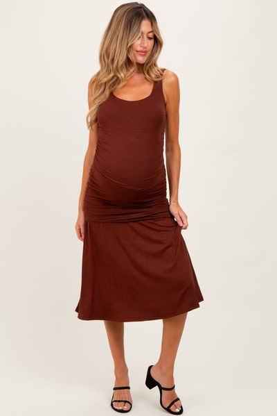 PinkBlush Brown Ruched Drop Waist Sleeveless Maternity Midi Dress