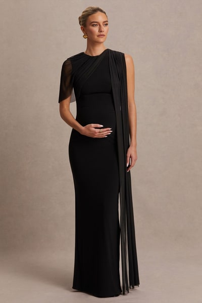 Club L London Amelise | Black High-Neck Maternity Maxi Dress With Mesh-Cape Sleeve And Sash Detail