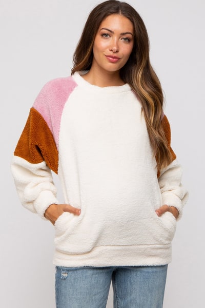 PinkBlush Ivory Colorblock Soft Fleece Pullover Maternity Sweater