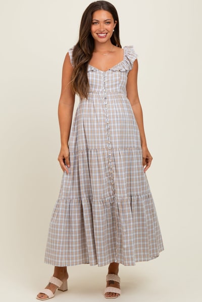PinkBlush Light Blue Cotton Plaid Maternity Maxi Dress