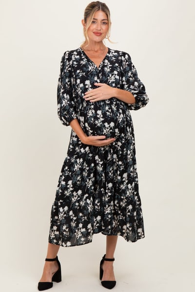 PinkBlush Black Floral Button Front V-Neck Maternity Midi Dress