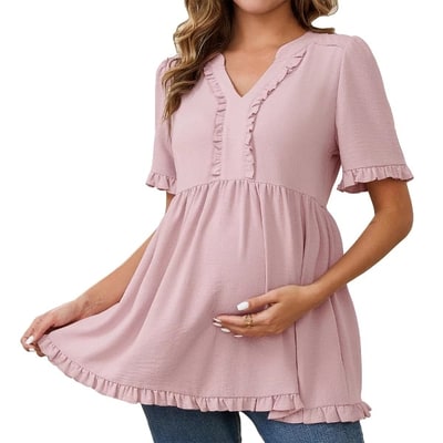 Target INSPIRE CHIC Women's Maternity Tops Boho Ruffled Notched Neck Short Sleeve Shirts Flowy Blouses Medium Dusty Pink