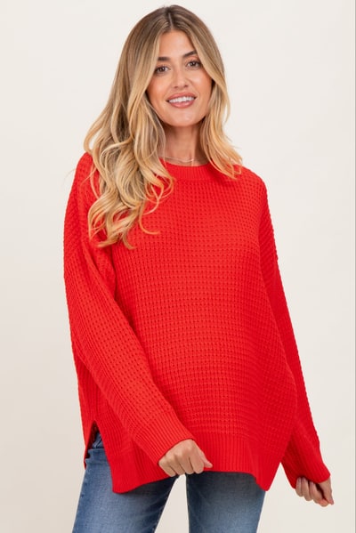 PinkBlush Red Waffle Knit Side Slit Maternity Sweater