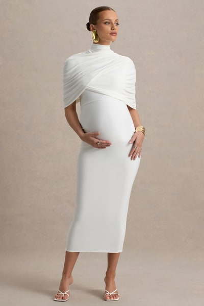 Club L London Augustina | White Maternity Midi Dress With Cape